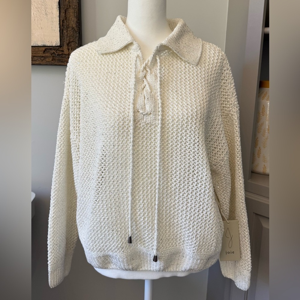 JOIE Cross Stitch Silver Sparkle Cream Knit Pullover collared sweater Sz L NEW